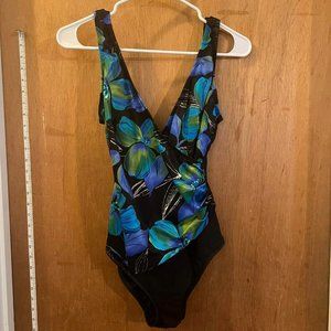 Size 10 - Inches Away - Black and Blue Floral One-Piece Swimsuit